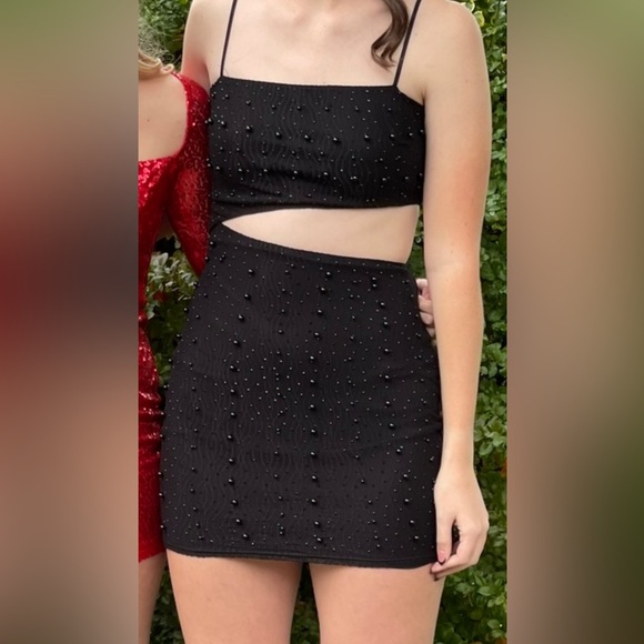 Black beaded short mini dress cutout stomach EUC - Picture 3 of 3